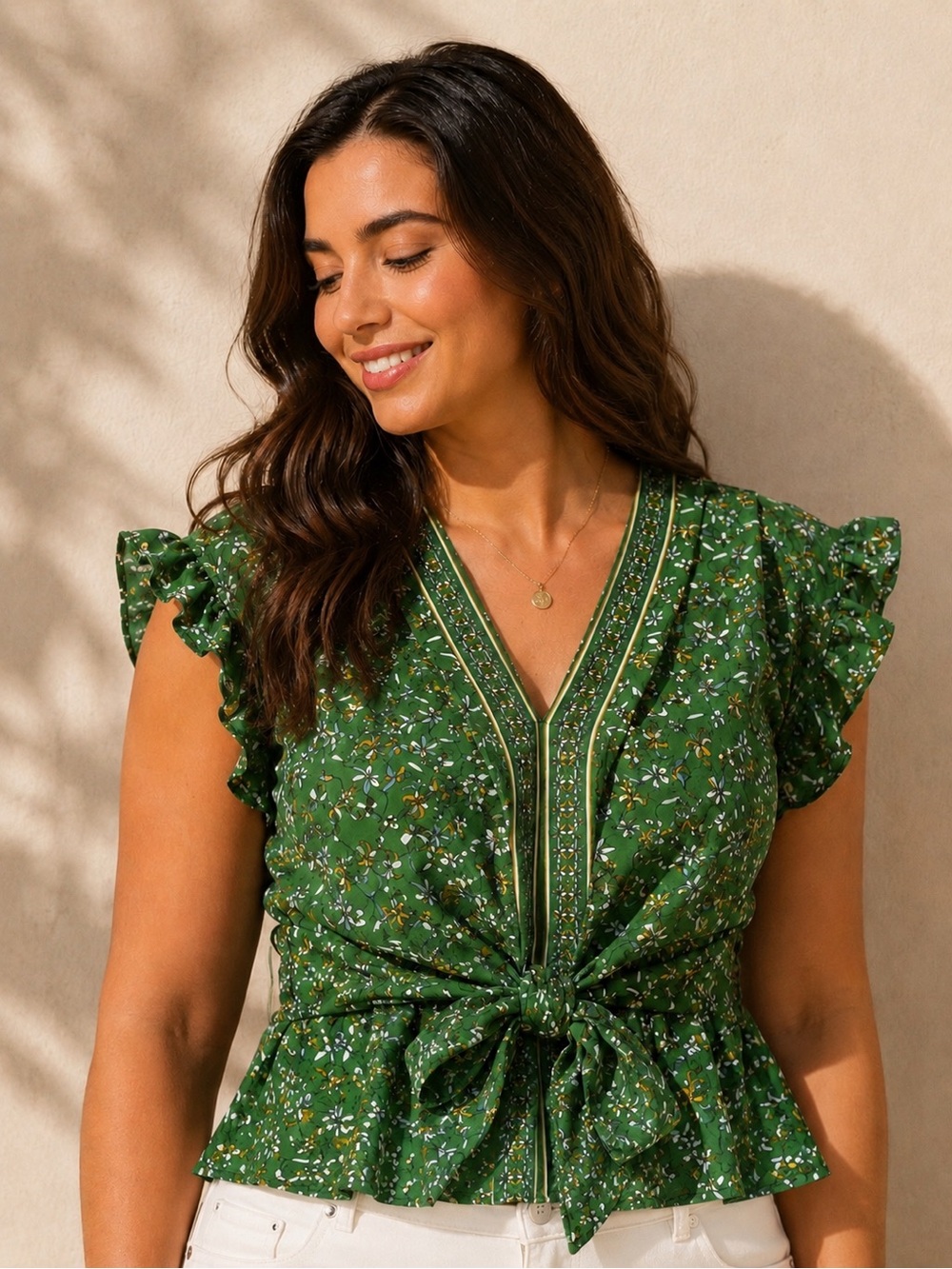 Max Studio Green Floral Blouse with Tie Detail